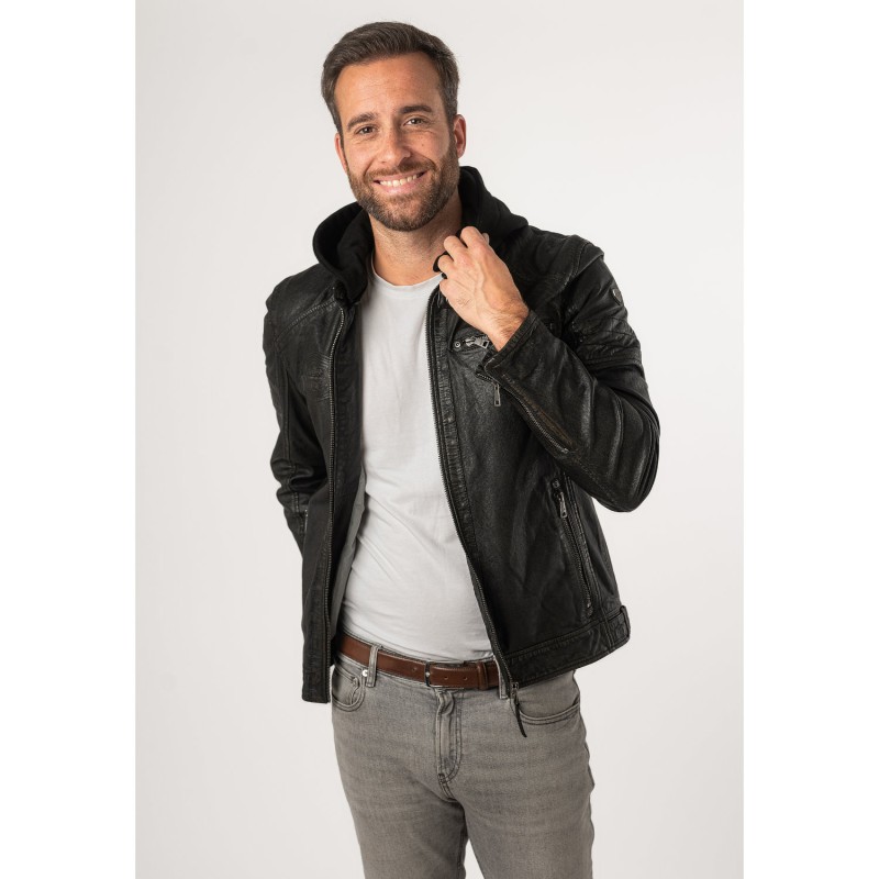 Geaca de Piele Barbati Mauritius Negru/Bej MMJenno – Black Friday