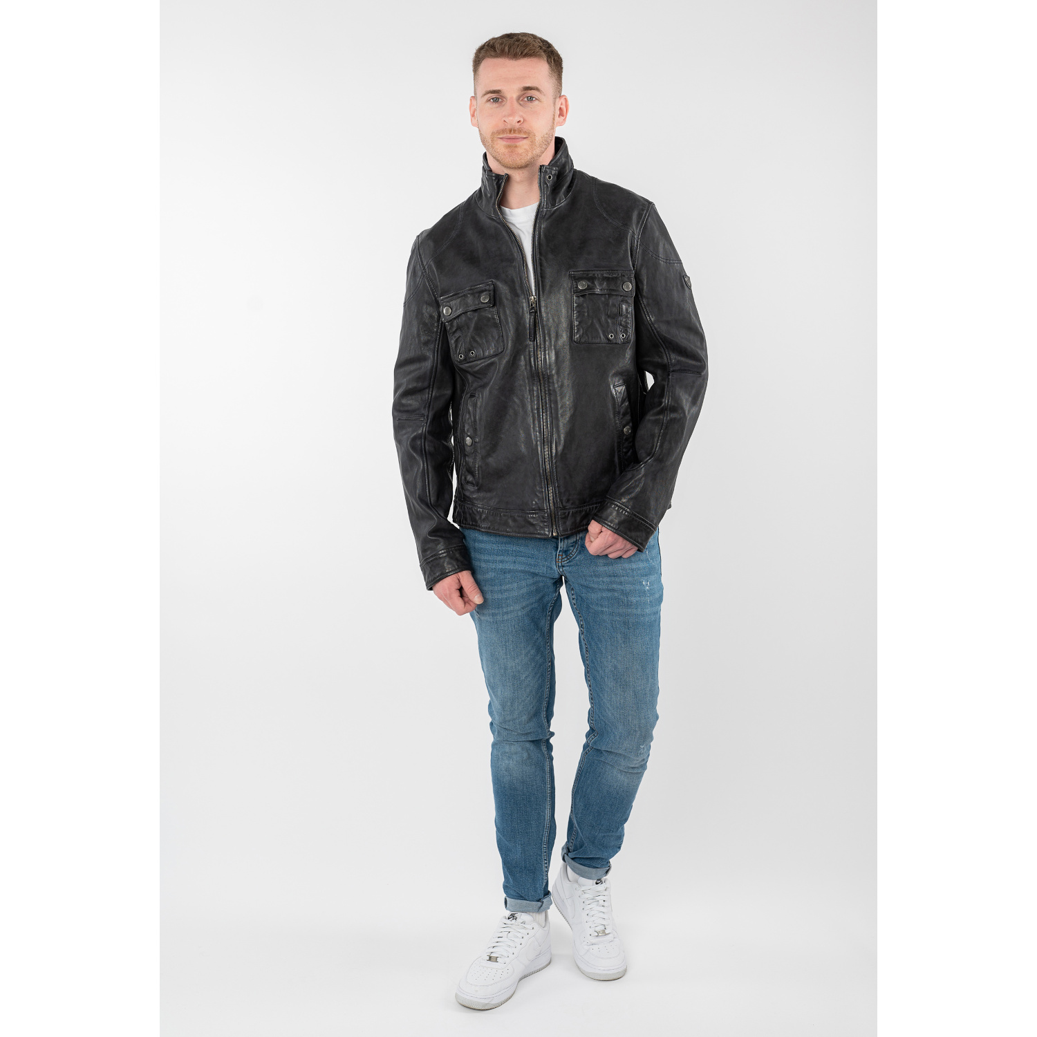 Geacă de piele bărbați Mauritius MMJorric bleumarin cu buzunare aplicate pe piept