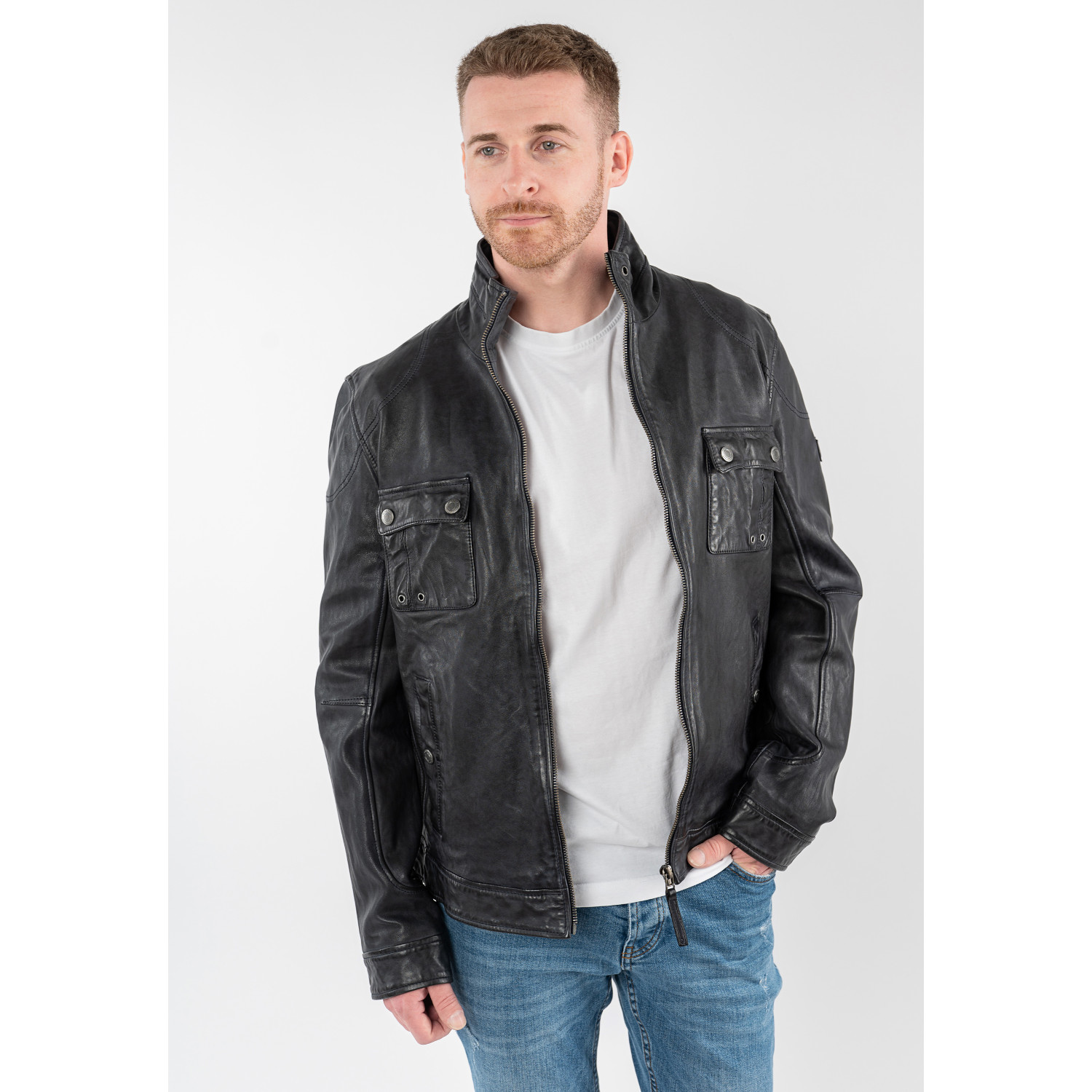 Geacă de piele bărbați Mauritius MMJorric bleumarin cu buzunare aplicate pe piept