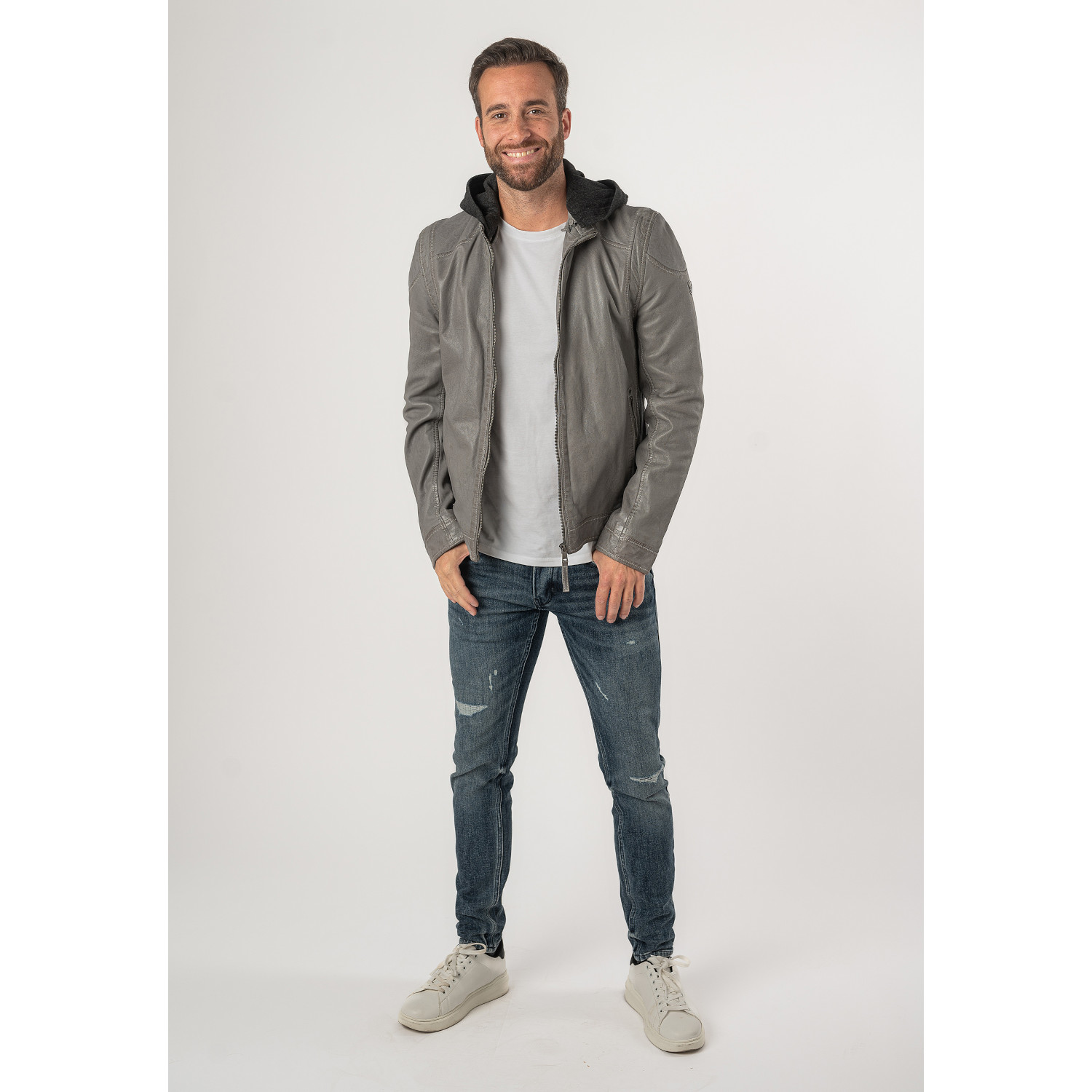 geacă piele naturală bărbați gri deschis Mauritius MMKarlos biker cu glugă detașabilă