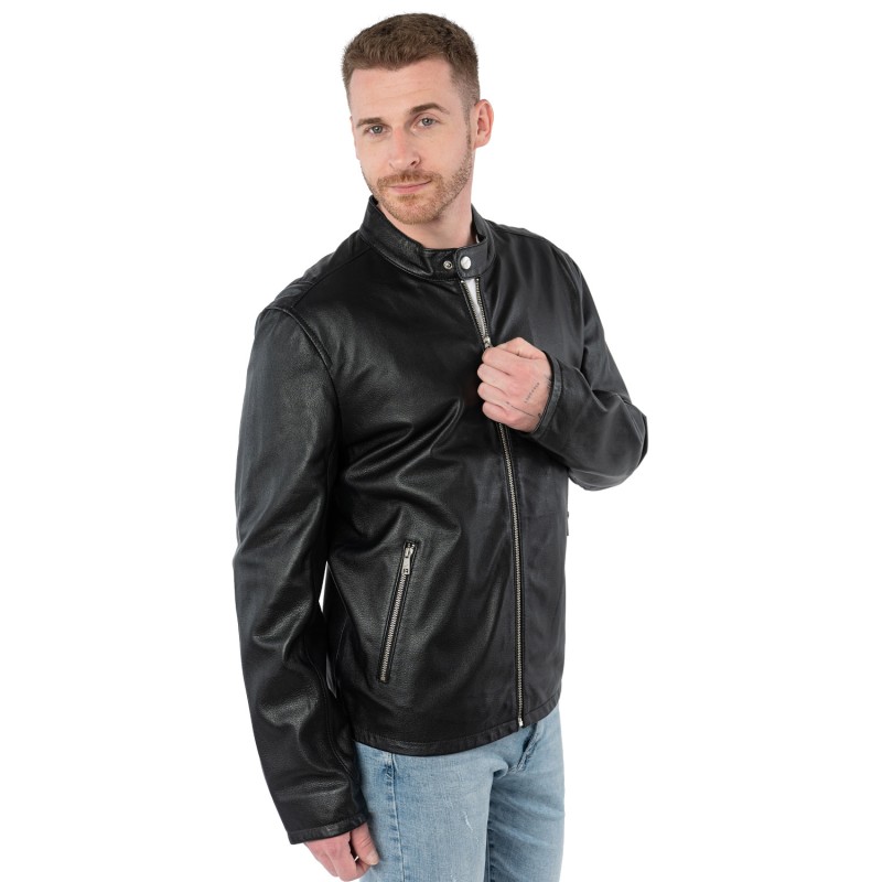 Geacă de piele bărbați Mauritius neagră MMKoal, model biker din piele naturală