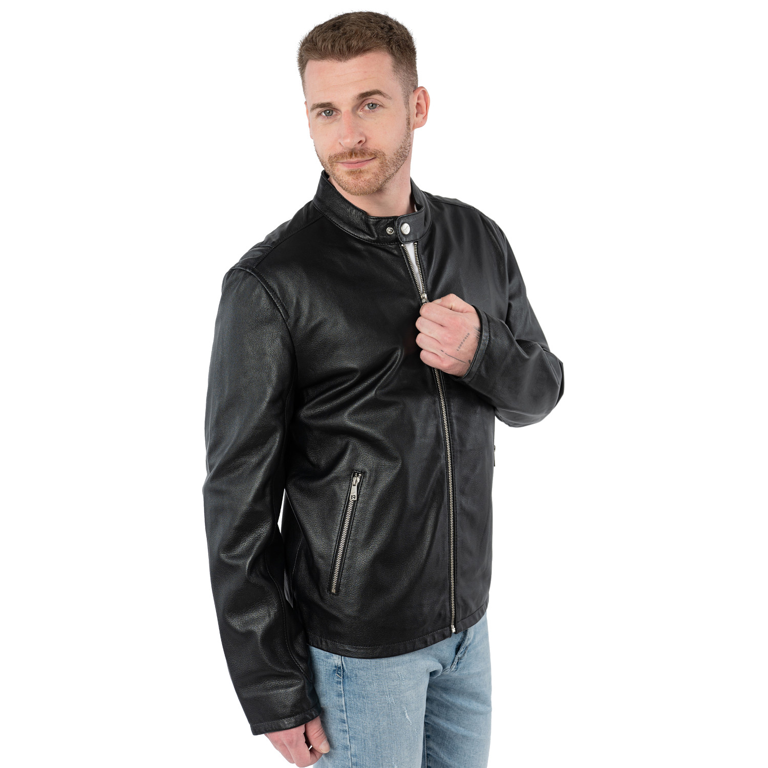 Geacă de piele bărbați Mauritius neagră MMKoal, model biker din piele naturală