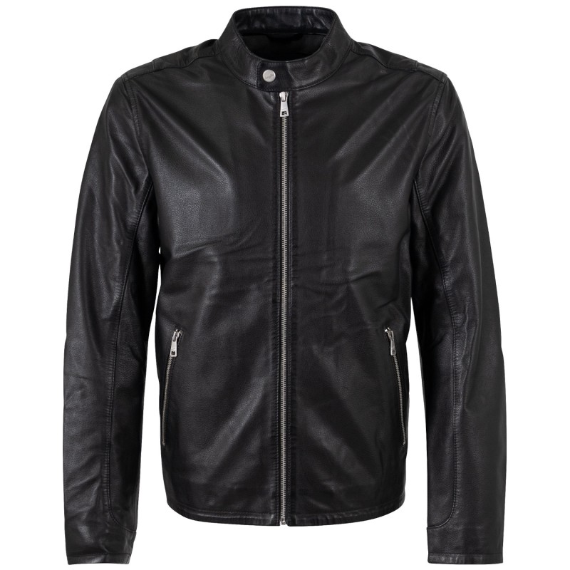 Geacă de piele bărbați Mauritius neagră MMKoal, model biker din piele naturală
