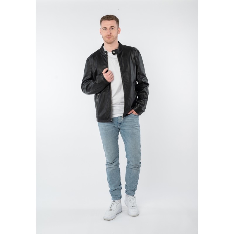 Geacă de piele bărbați Mauritius neagră MMKoal, model biker din piele naturală