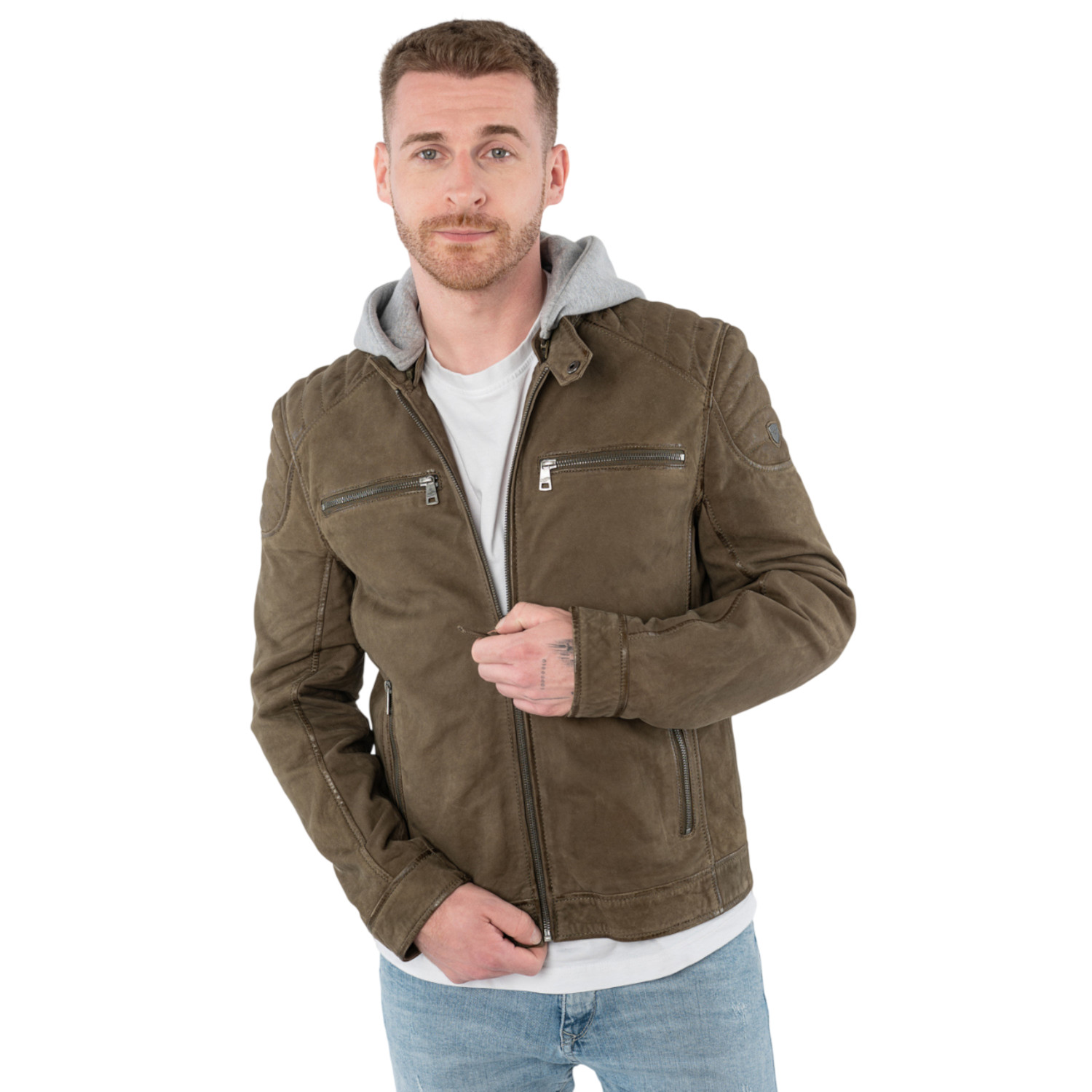 Geacă de piele biker bărbați Mauritius MMMintos olive închis cu glugă detașabilă