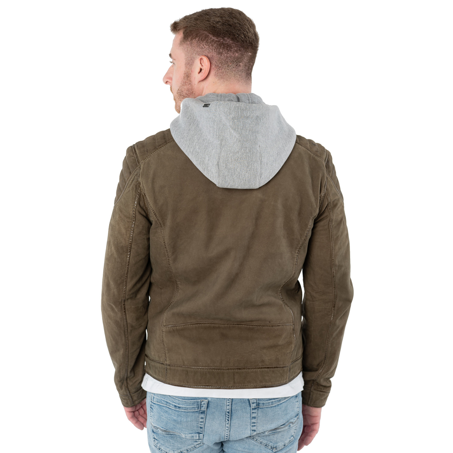 Geacă de piele biker bărbați Mauritius MMMintos olive închis cu glugă detașabilă