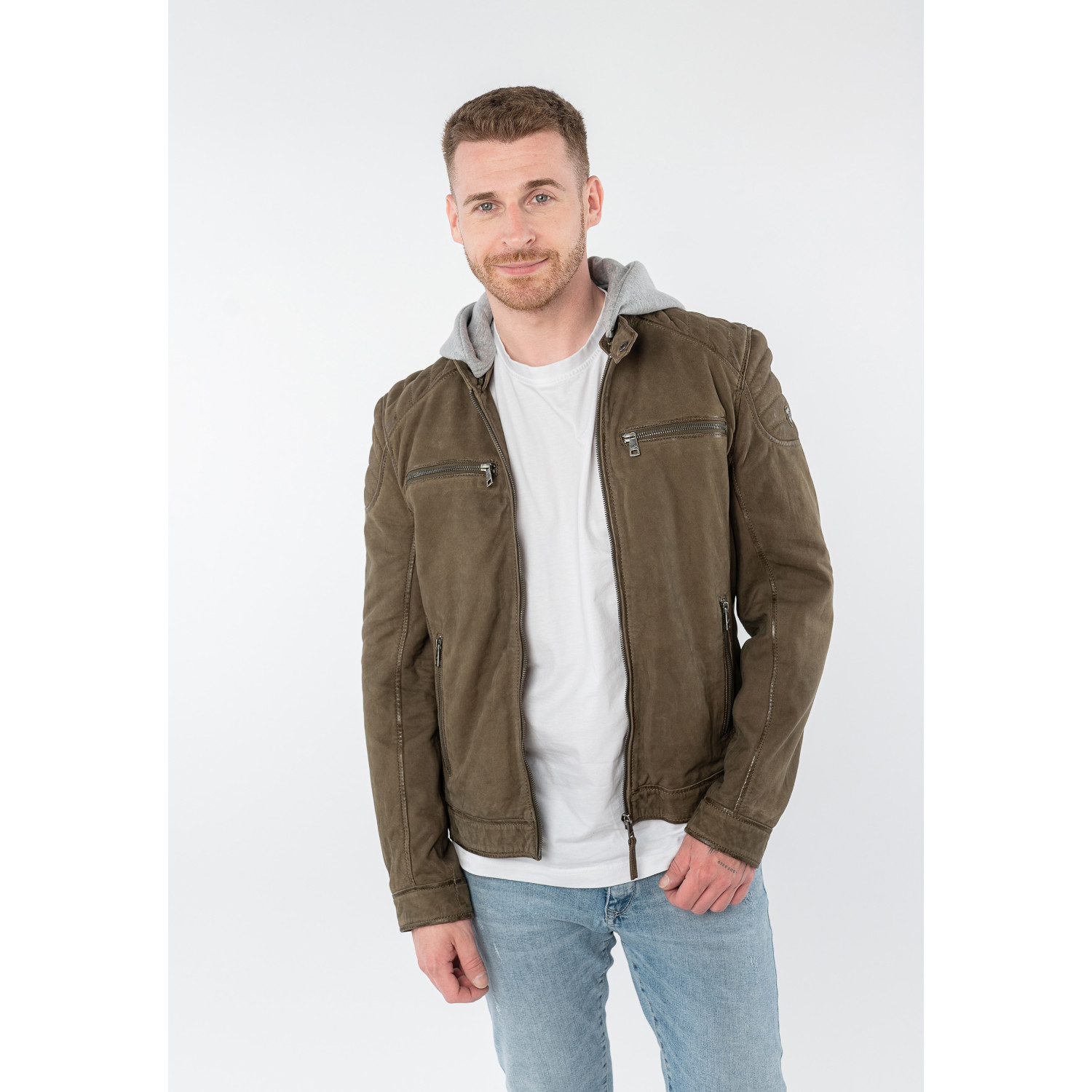 Geacă de piele biker bărbați Mauritius MMMintos olive închis cu glugă detașabilă