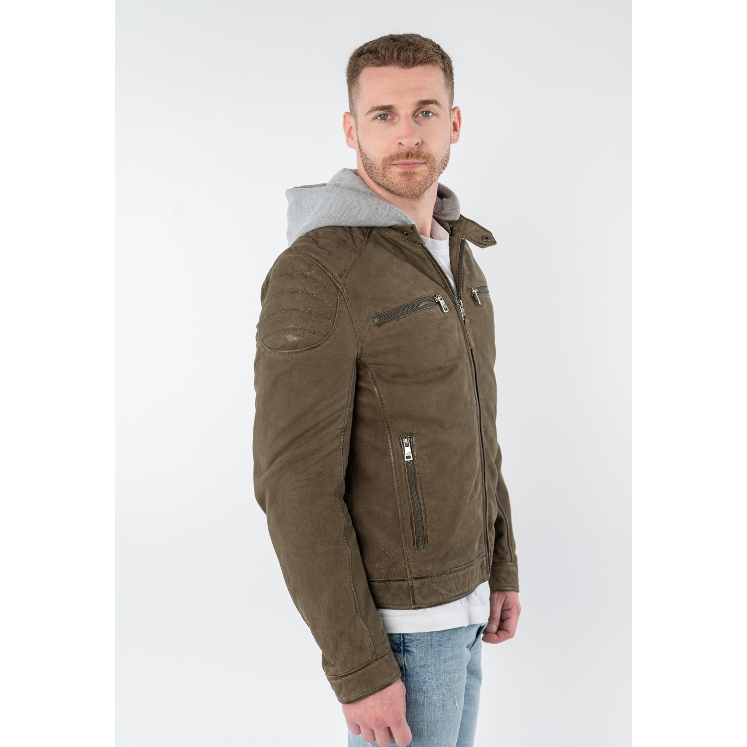 Geacă de piele biker bărbați Mauritius MMMintos olive închis cu glugă detașabilă