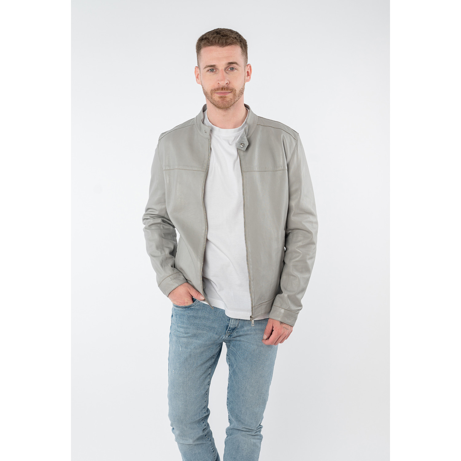 Geaca de Piele Barbati Mauritius Gri Argintiu MMOrlando – Geci de Piele