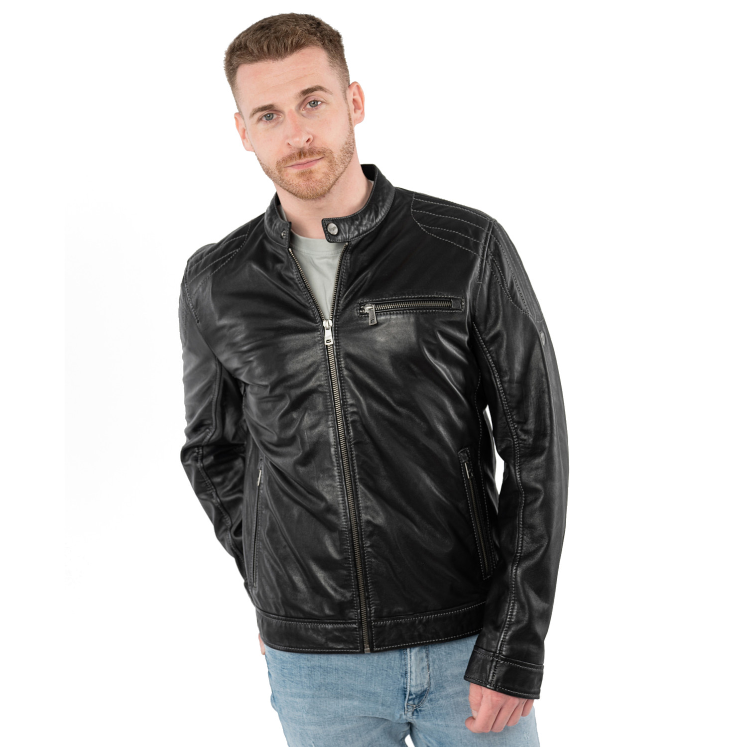 Geacă de piele biker bărbați Mauritius MMOrvay neagră cu umeri matlasați și fermoare metalice