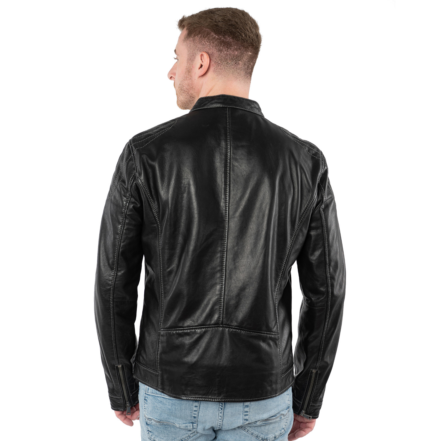 Geacă de piele biker bărbați Mauritius MMOrvay neagră cu umeri matlasați și fermoare metalice