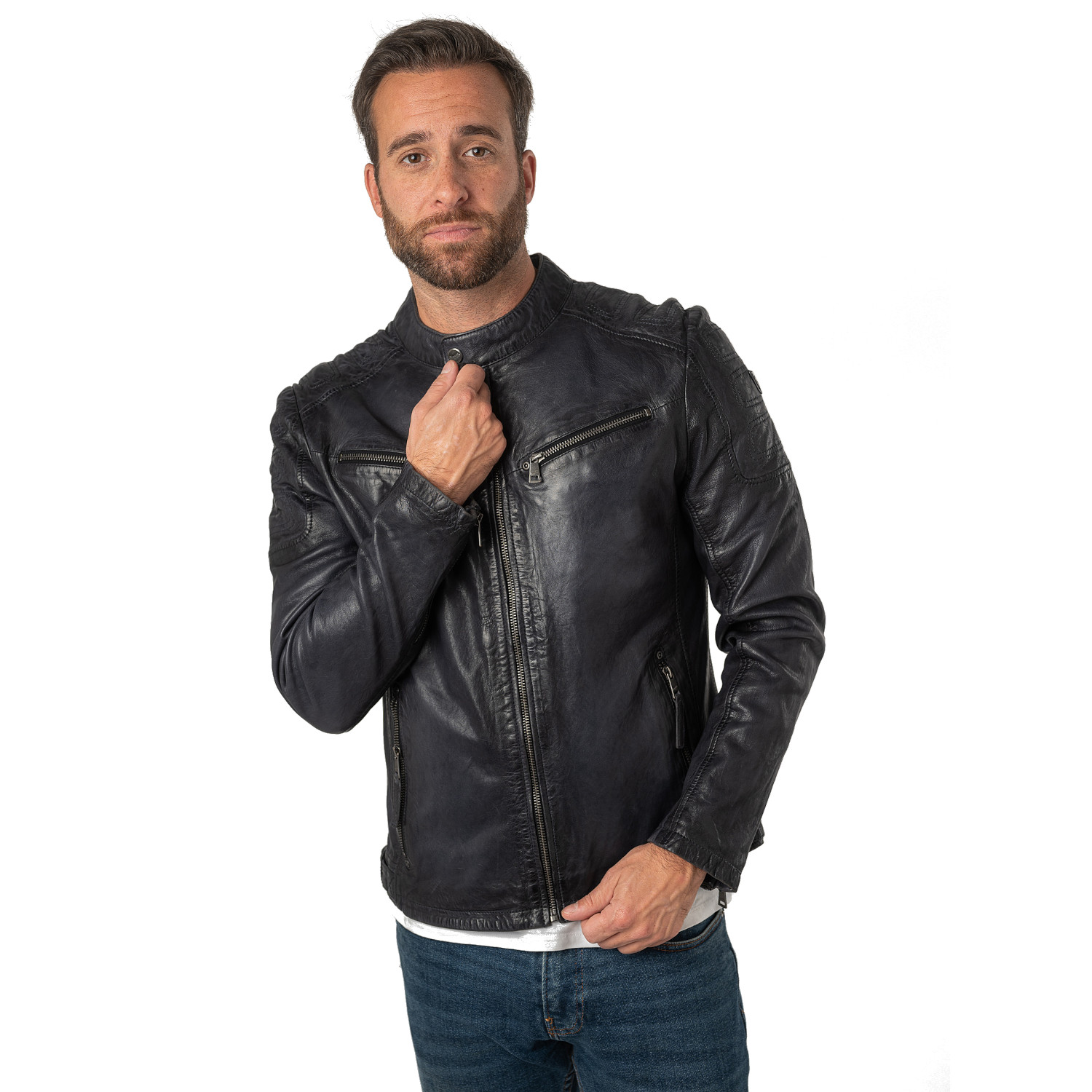 Geaca de Piele Barbati Mauritius Bleumarin Vintage MMReeser – Geci de Piele