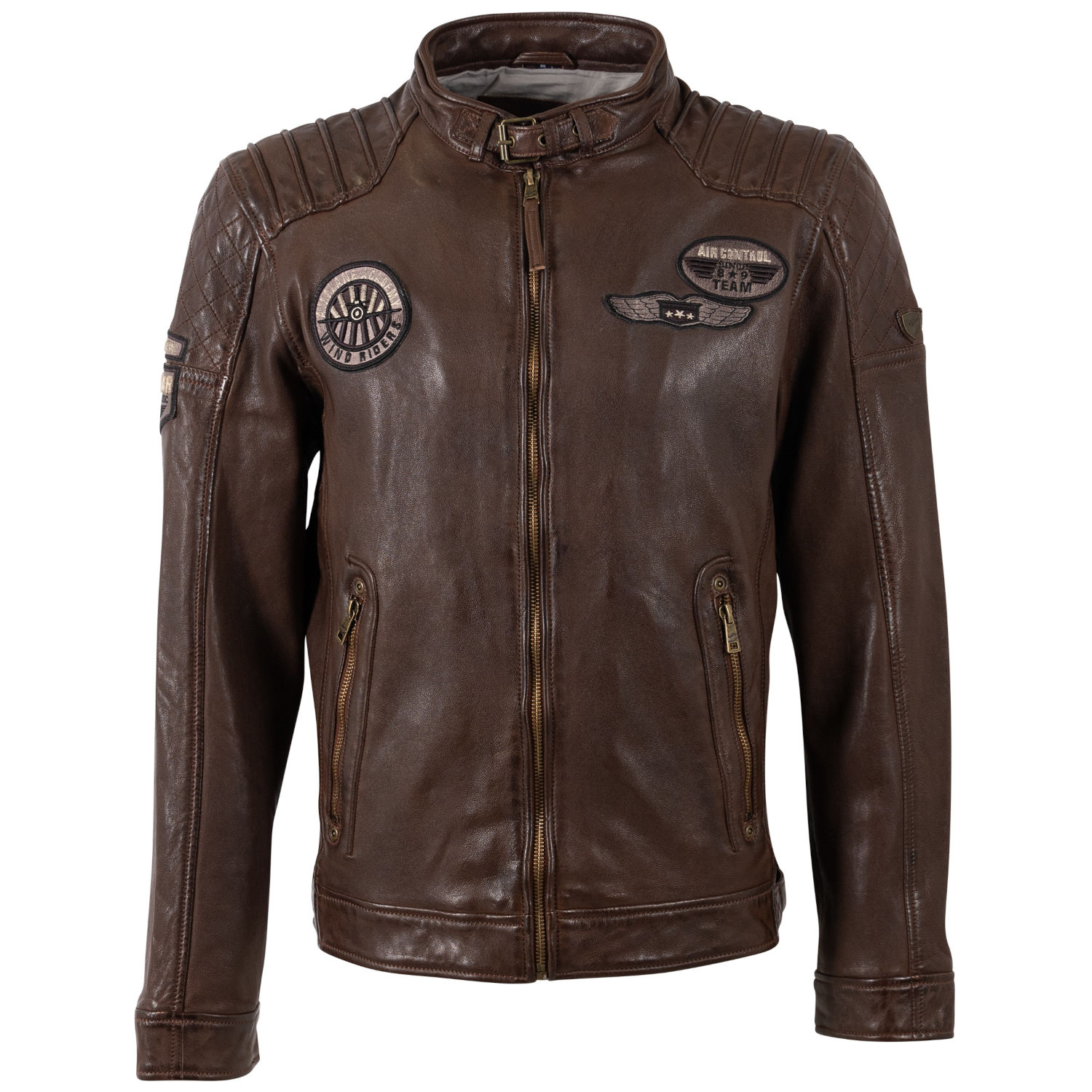 Geacă de piele pentru bărbați Mauritius MMRiverto whiskey Regular Fit stil racer