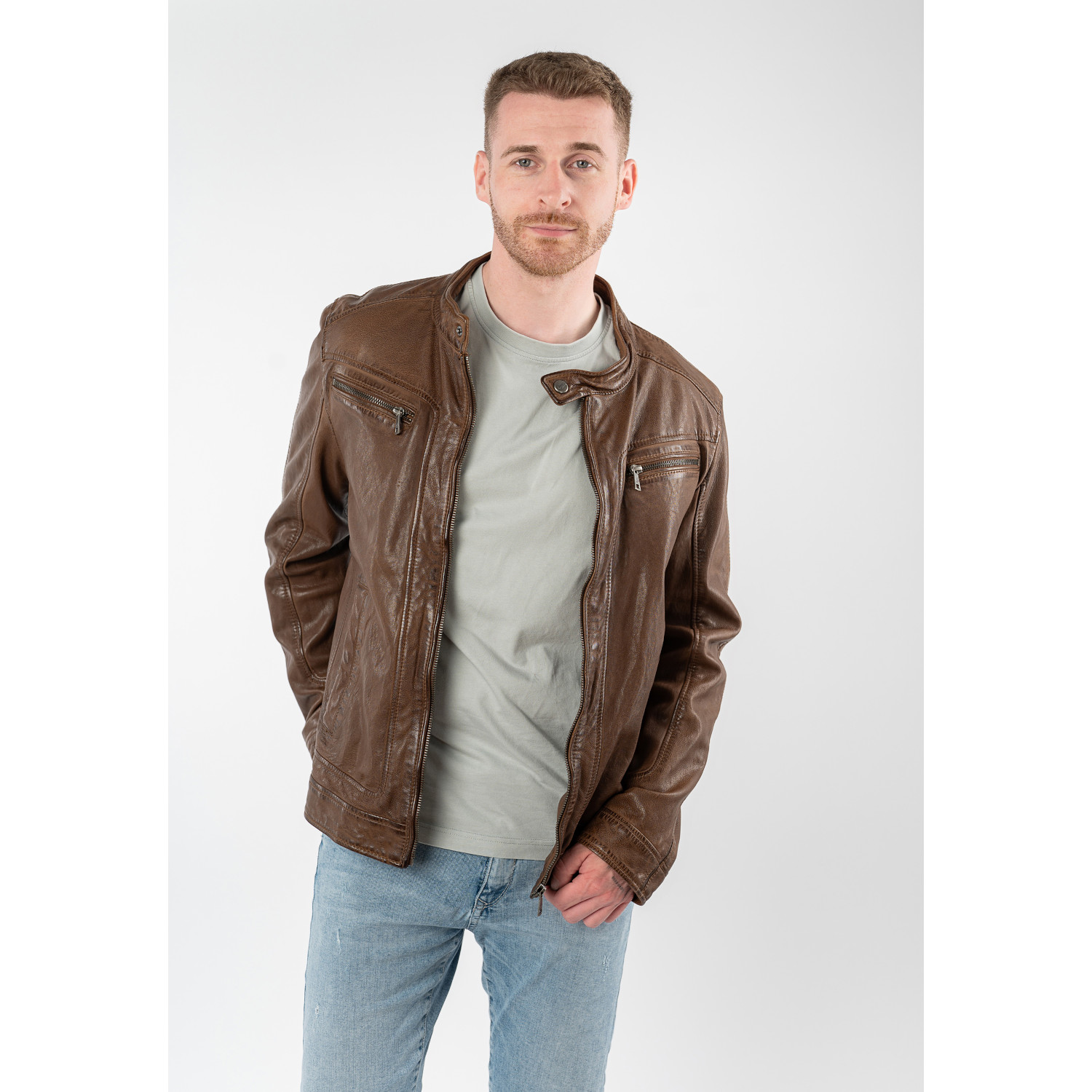 Mauritius MMRoley - Geacă de piele bărbați maro prăfuit, stil biker Geacă de piele maro prăfuit bărbați Mauritius MMRoley stil biker