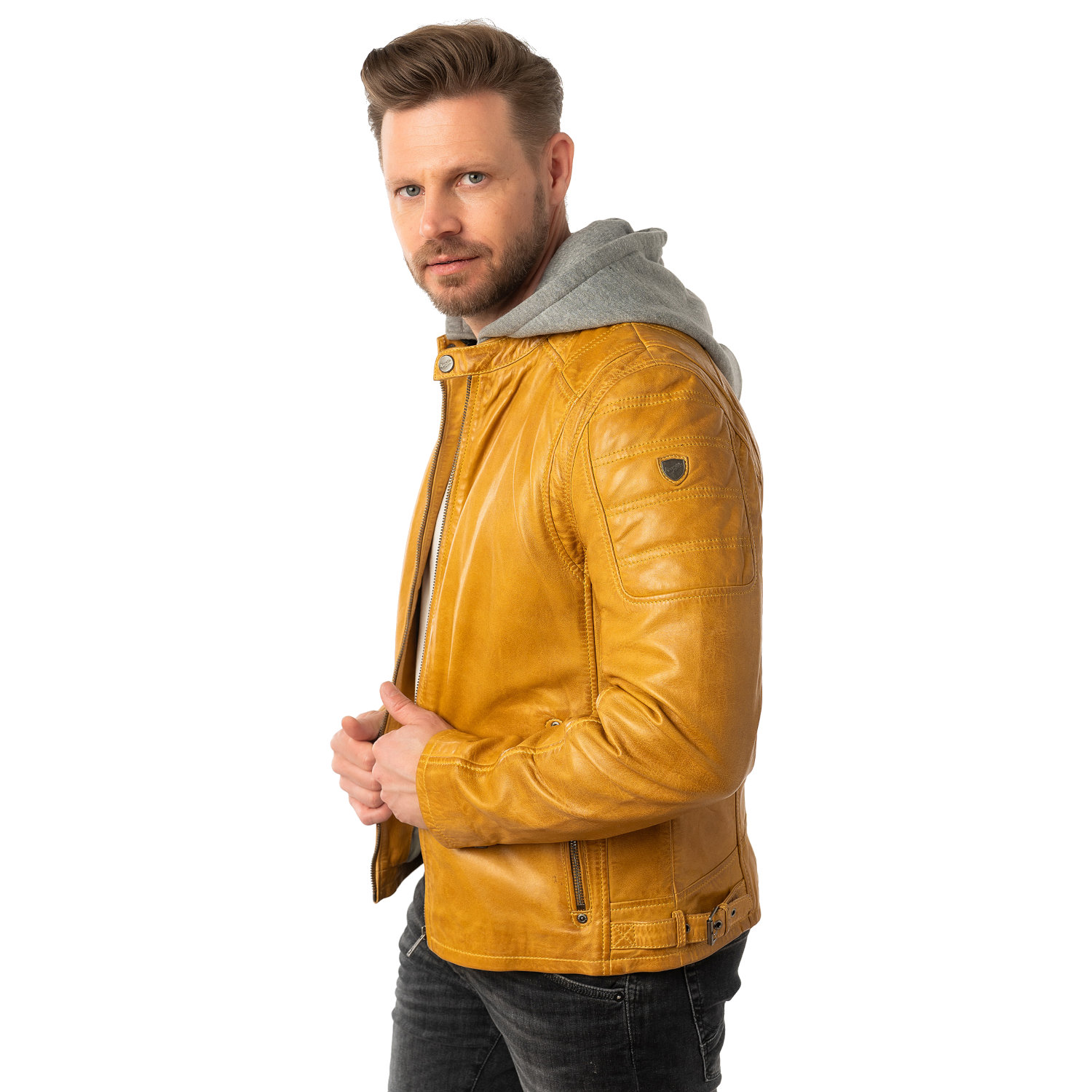 Geaca de Piele Barbati Mauritius Galben Inchis MMRylo – Geci de Piele