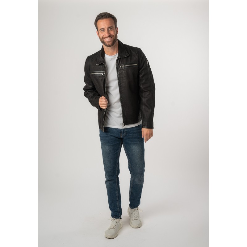 Geaca de Piele Barbati Mauritius Neagra MMSantiago – Black Friday