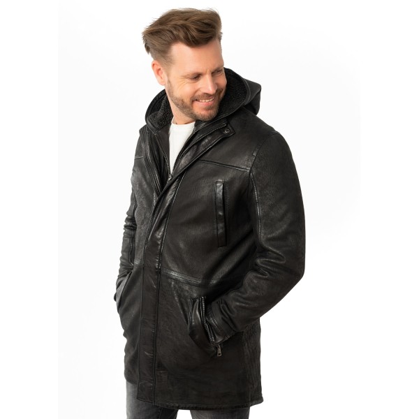 Geaca Lunga de Iarna din Piele Barbati Mauritius Neagra MMSitku