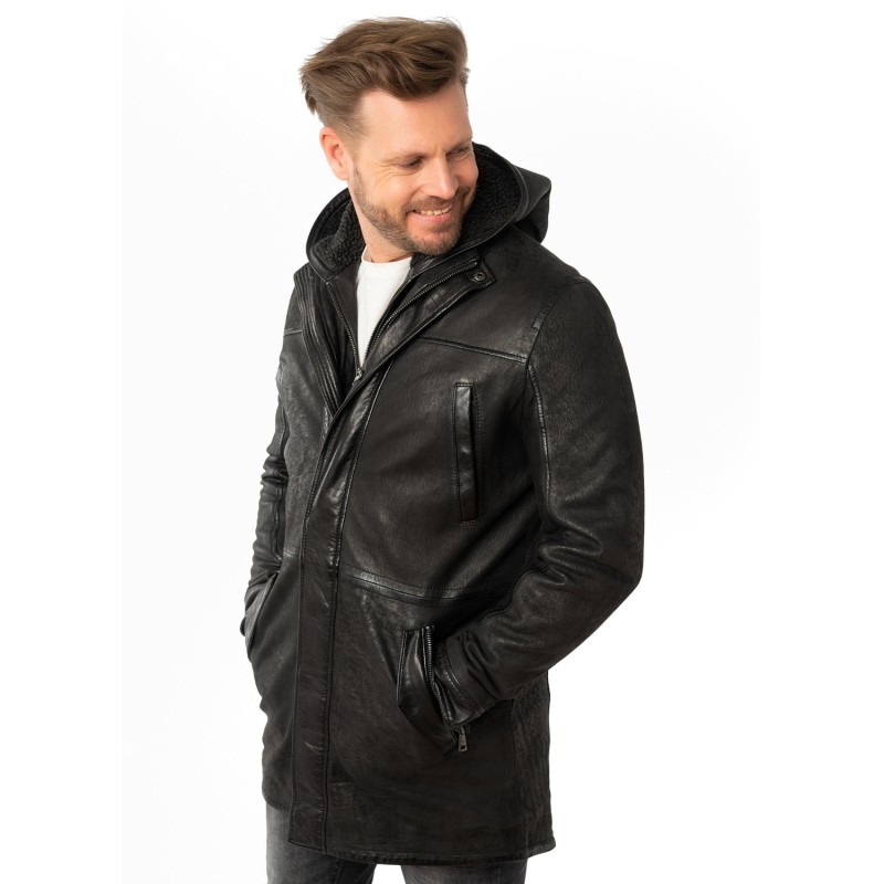 Geaca Lunga de Iarna din Piele Barbati Mauritius Neagra MMSitku – Black Friday