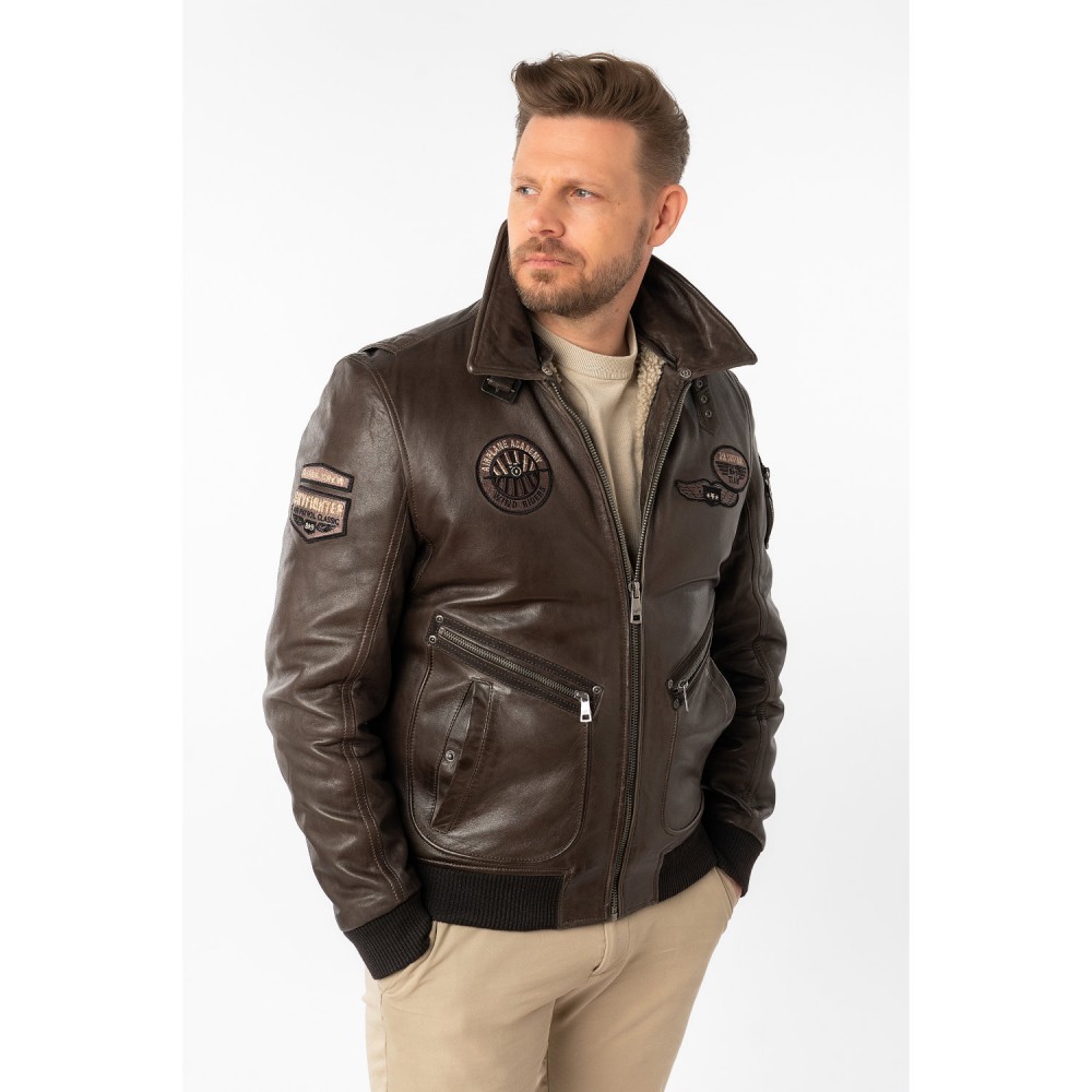 Geaca de Piele Barbati Mauritius Castaniu Inchis MMStarpilot - readytowear