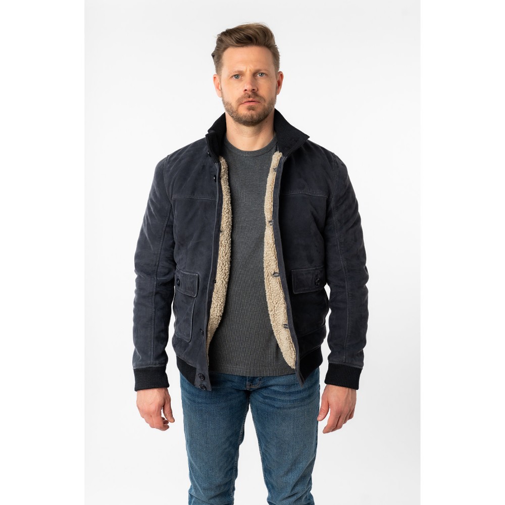 Geaca de Piele Imblanita Barbati Mauritius Bleumarin MMThalor - readytowear