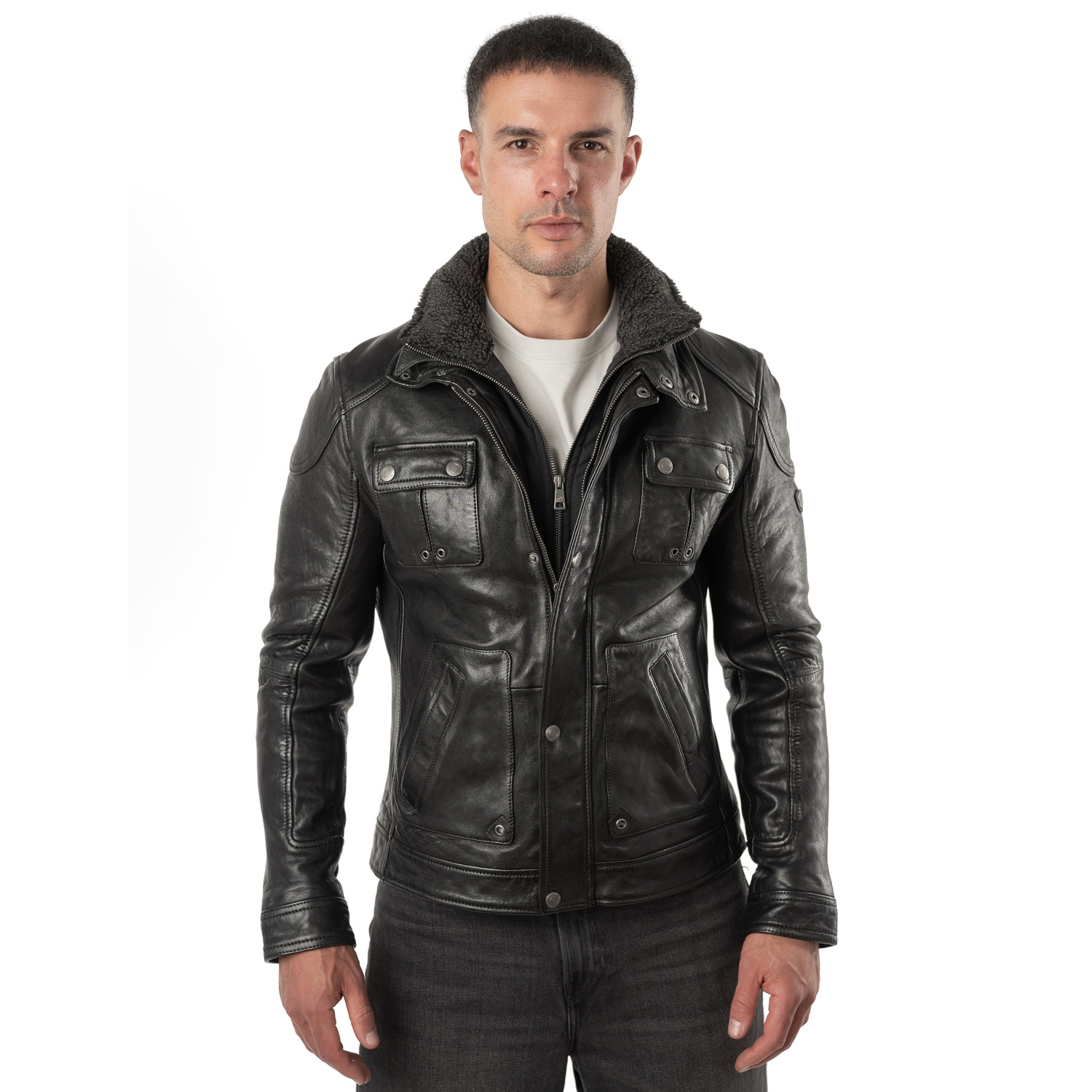 Mauritius MMTorric - Geacă de Piele Bărbați Neagră Regular Fit, Stil Field Jacket Geacă de Piele Bărbați Mauritius Neagră MMTorric cu Guler din Blană Artificială