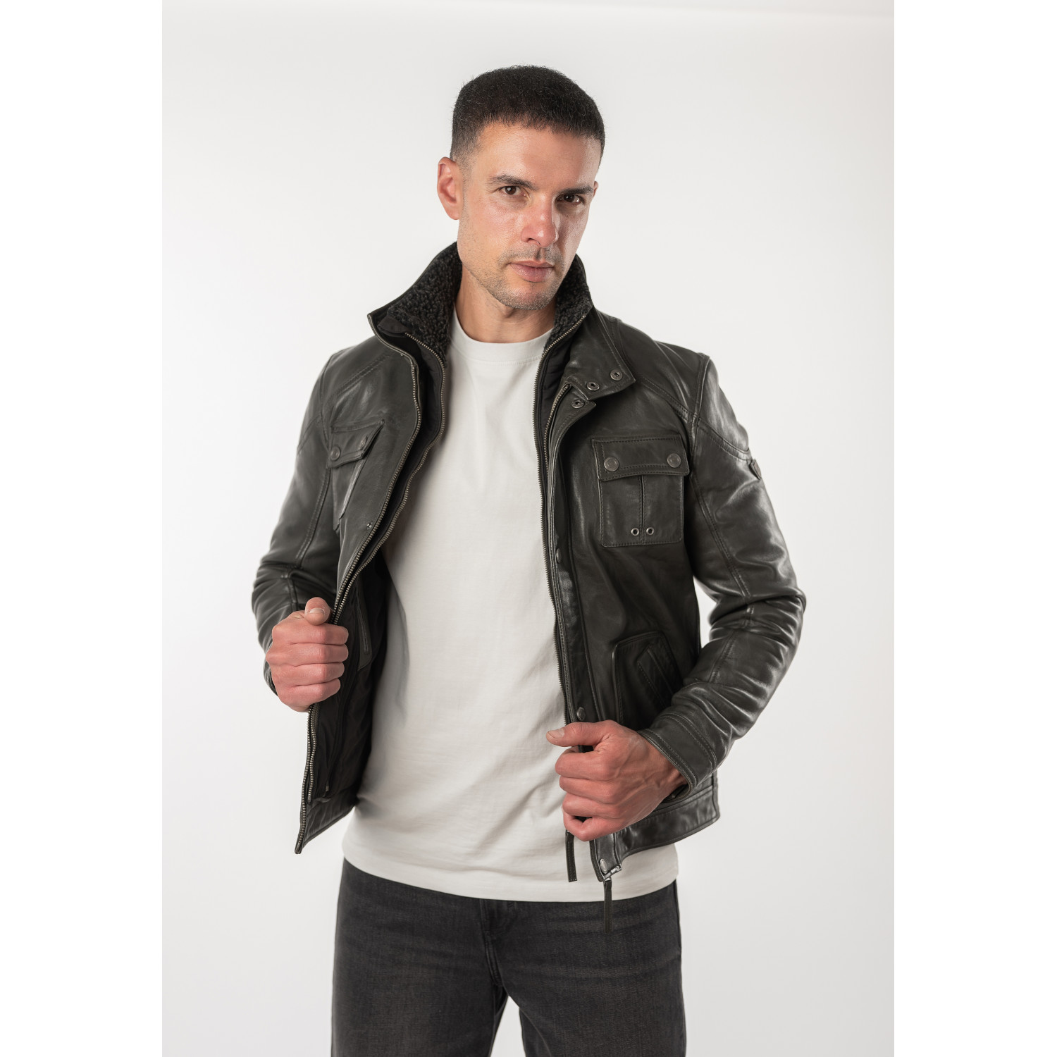 Mauritius MMTorric - Geacă de Piele Bărbați Olive Închis Regular Fit, Stil Field Jacket Geacă de Piele Bărbați Mauritius Olive Închis MMTorric cu Guler din Blană Artificială