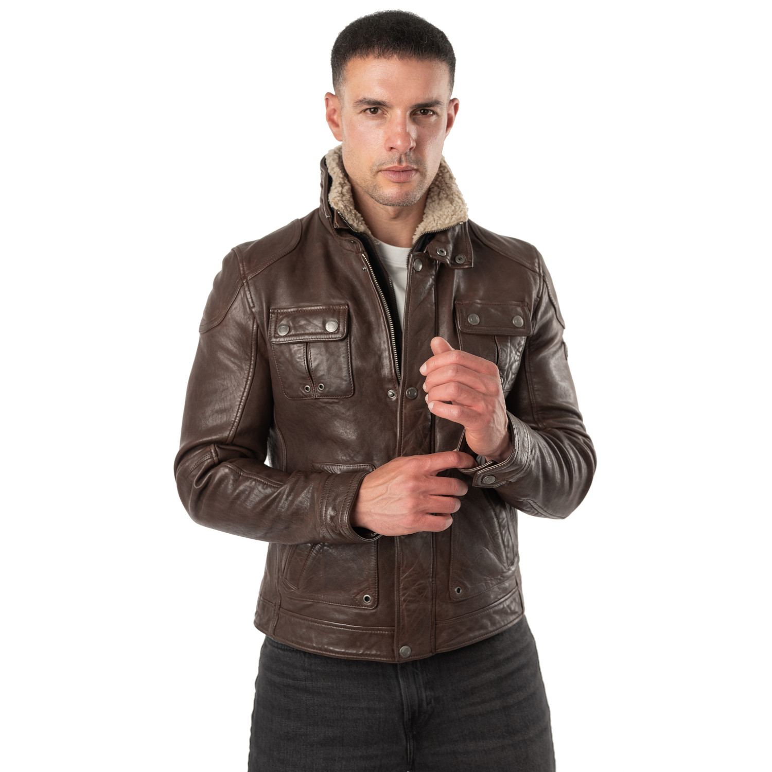 Mauritius MMTorric - Geacă de Piele Bărbați Whiskey Regular Fit, Stil Field Jacket Geacă de Piele Bărbați Mauritius Whiskey MMTorric cu Guler din Blană Artificială