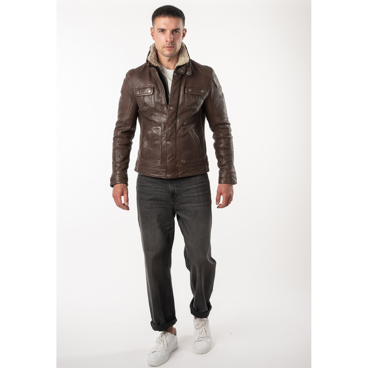 Mauritius MMTorric - Geacă de Piele Bărbați Whiskey Regular Fit, Stil Field Jacket Geacă de Piele Bărbați Mauritius Whiskey MMTorric cu Guler din Blană Artificială