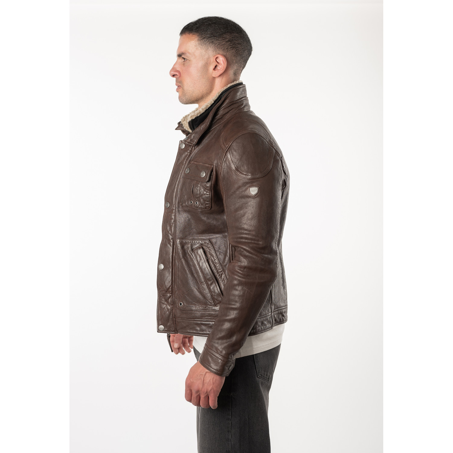 Mauritius MMTorric - Geacă de Piele Bărbați Whiskey Regular Fit, Stil Field Jacket Geacă de Piele Bărbați Mauritius Whiskey MMTorric cu Guler din Blană Artificială