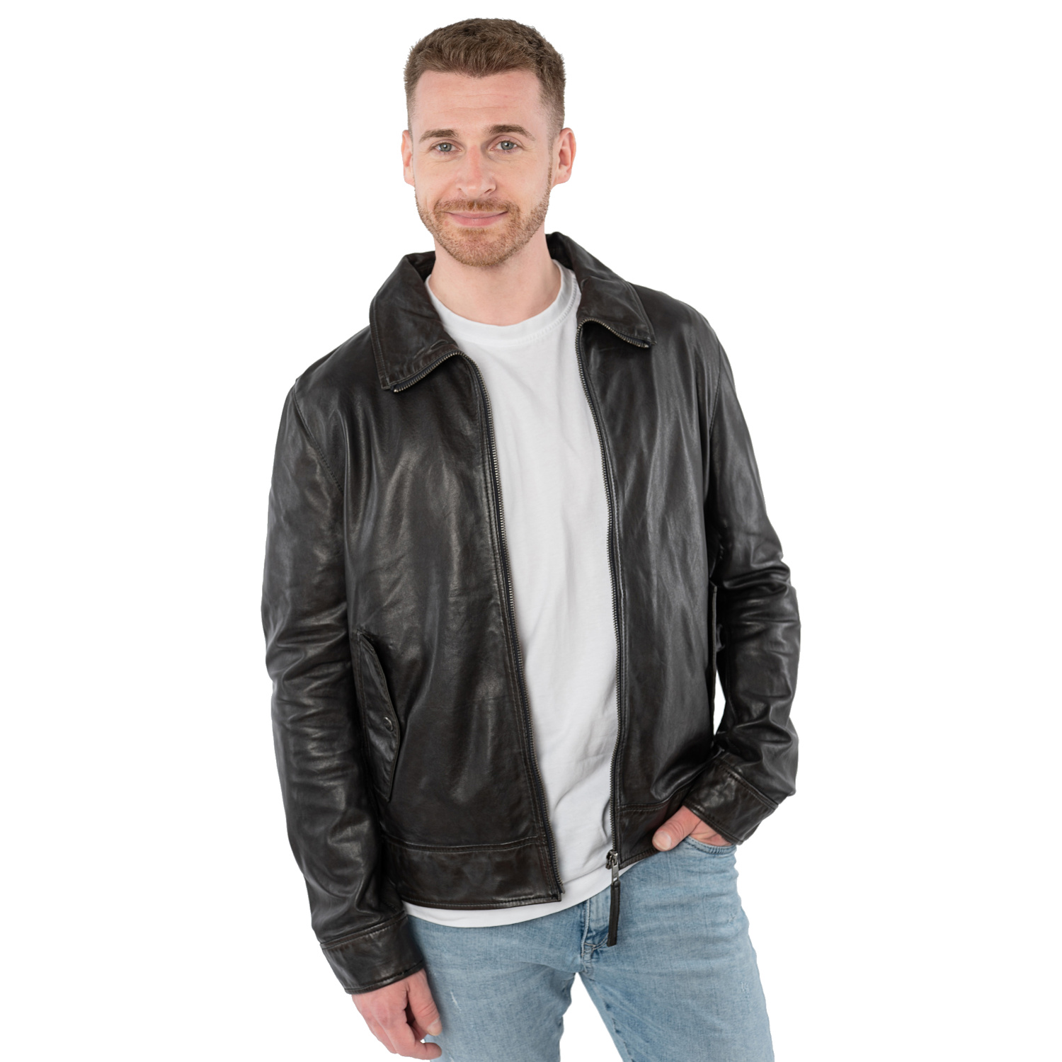 Geacă de piele bărbați Mauritius Vylli maro închis cu guler tip cămașă