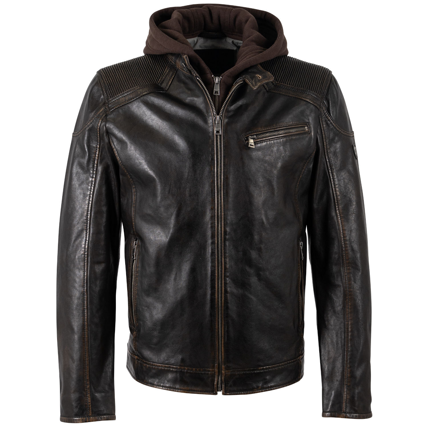 Geacă de piele bărbați Mauritius MMWanjo negru vintage cu glugă detașabilă, stil biker