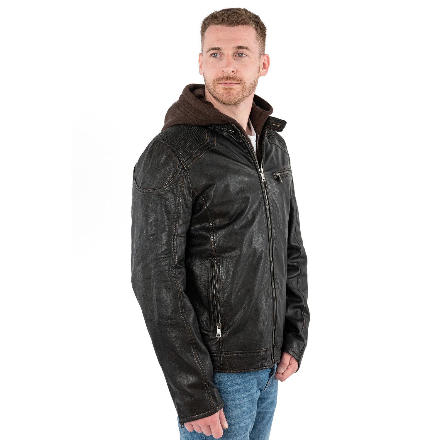 Geacă de piele bărbați Mauritius MMWanjo negru vintage cu glugă detașabilă, stil biker