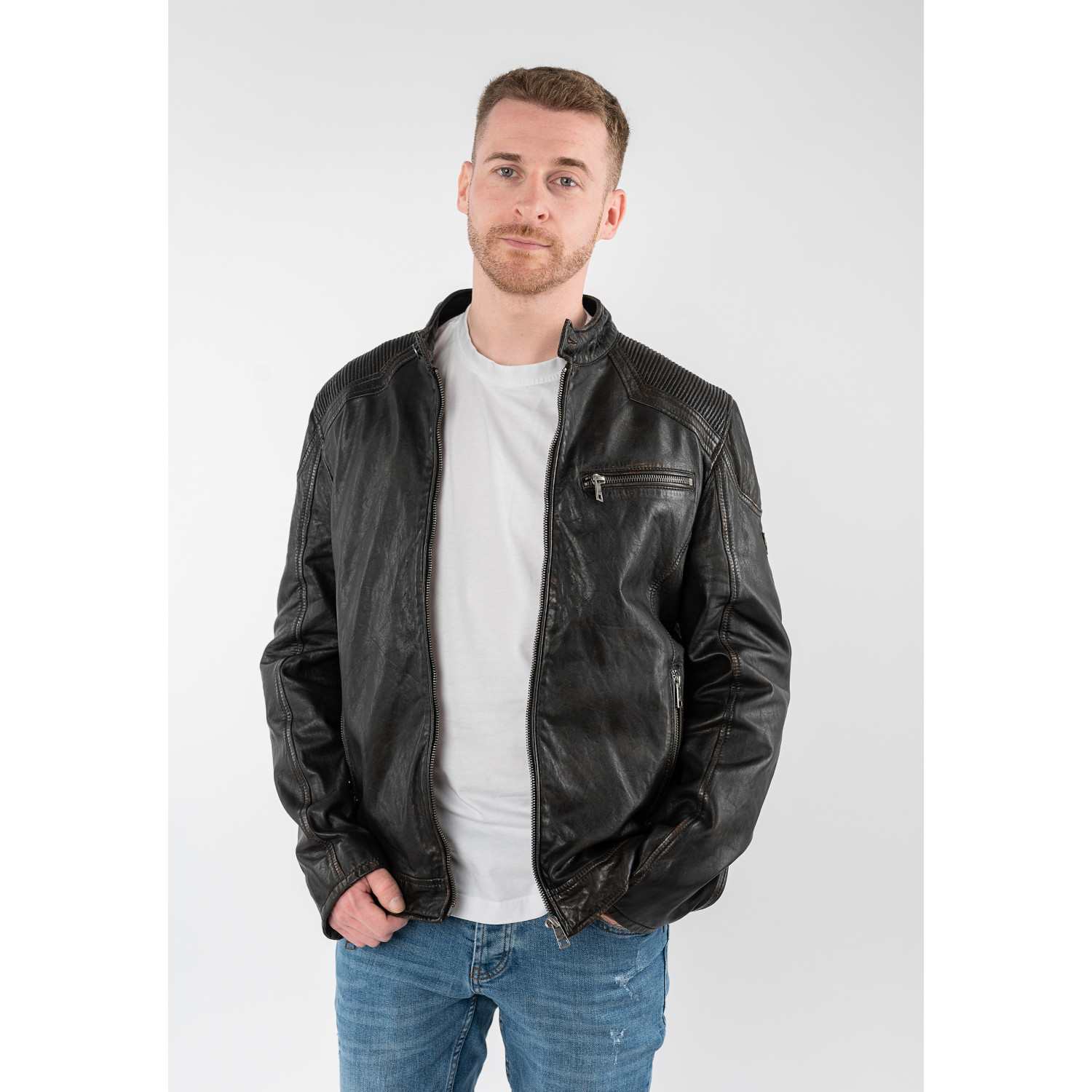 Geacă de piele bărbați Mauritius MMWanjo negru vintage cu glugă detașabilă, stil biker