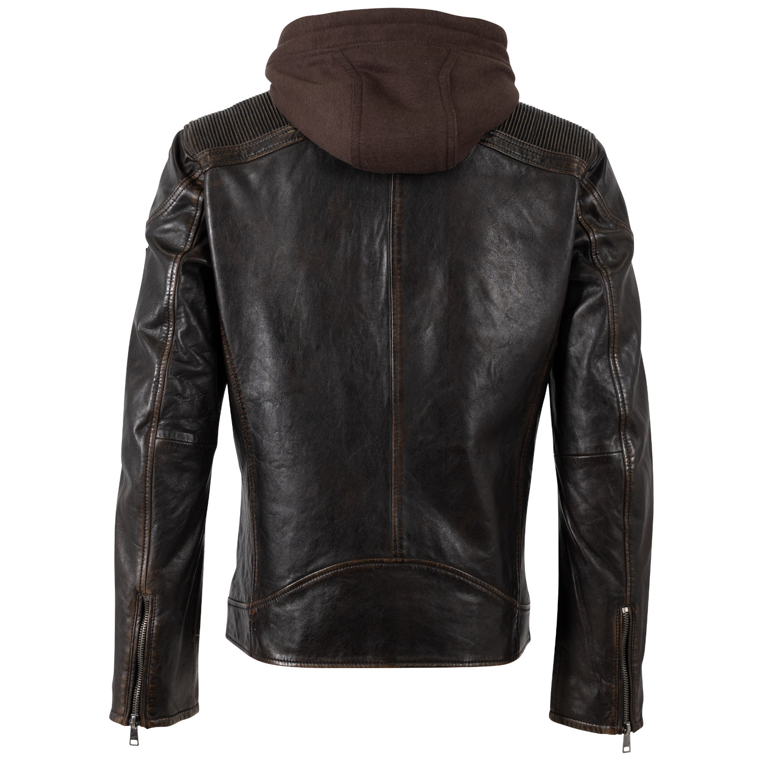 Geacă de piele bărbați Mauritius MMWanjo negru vintage cu glugă detașabilă, stil biker