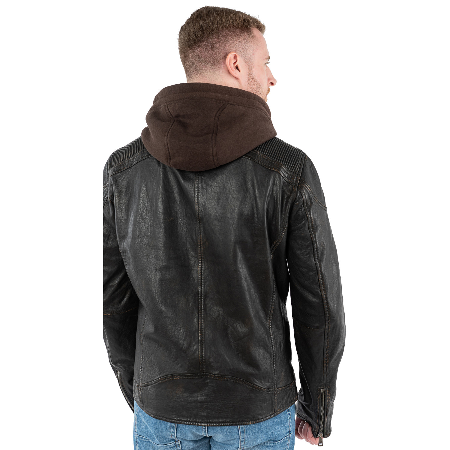 Geacă de piele bărbați Mauritius MMWanjo negru vintage cu glugă detașabilă, stil biker