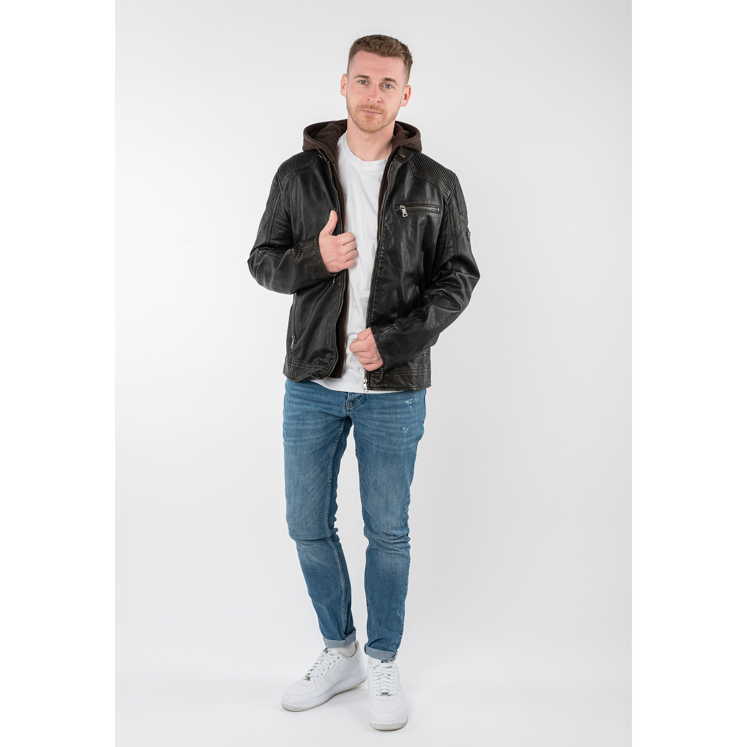 Geacă de piele bărbați Mauritius MMWanjo negru vintage cu glugă detașabilă, stil biker