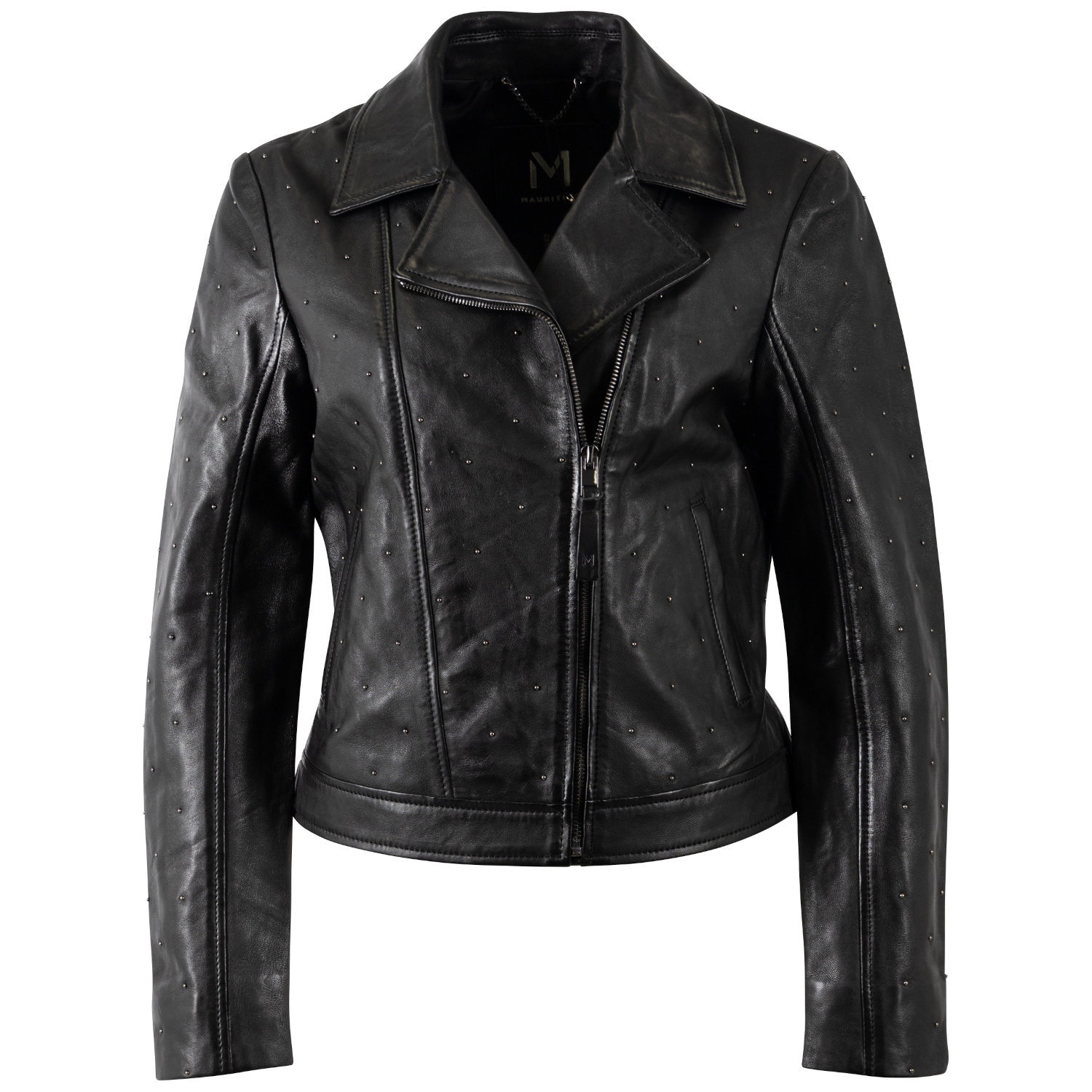 Geacă de piele neagră Mauritius Silver MSWGiljana damă, stil biker, fermoar asimetric