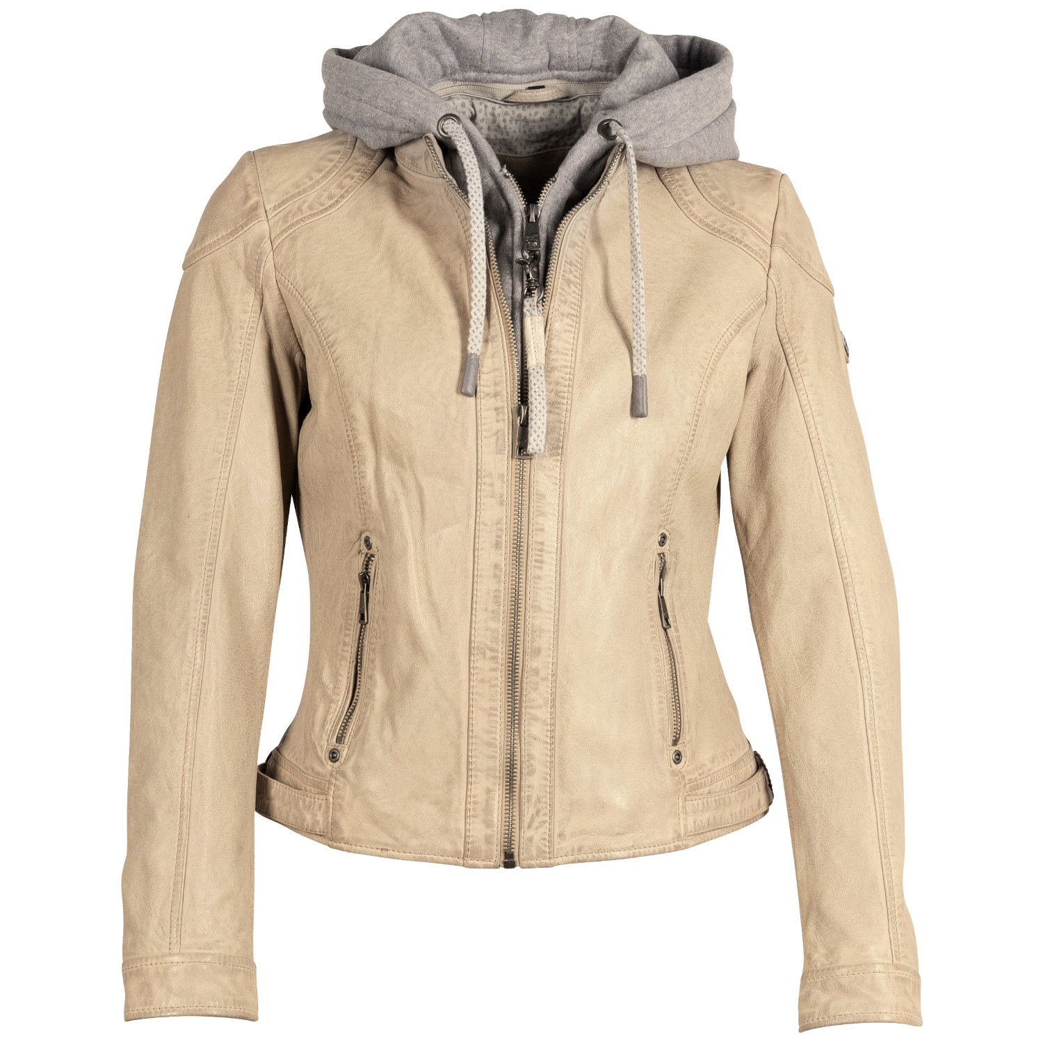 Geaca piele naturala dama Mauritius Mwadila alb murdar - vedere frontala biker