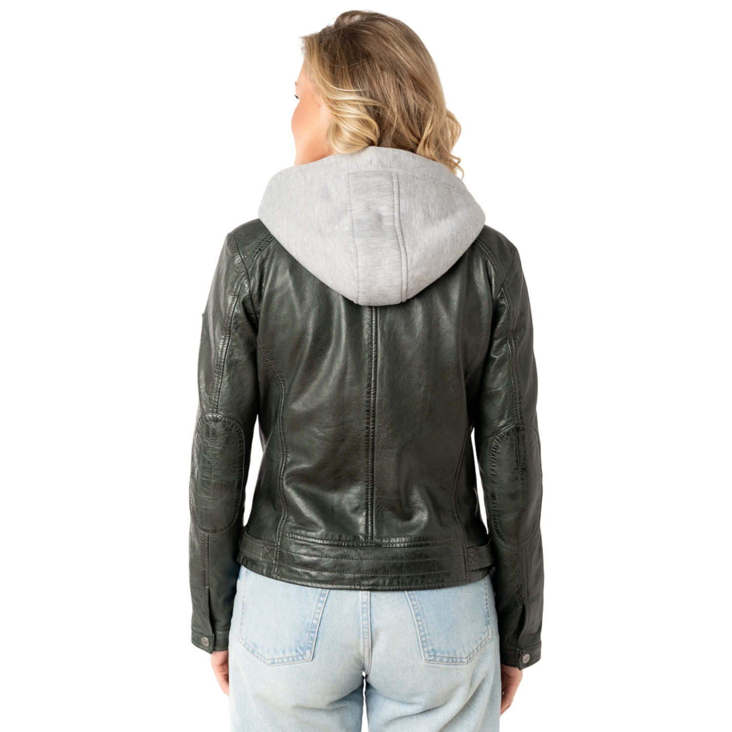 geaca piele dama mauritius olive mwaleni verde inchis gluga gri matlasata umeri