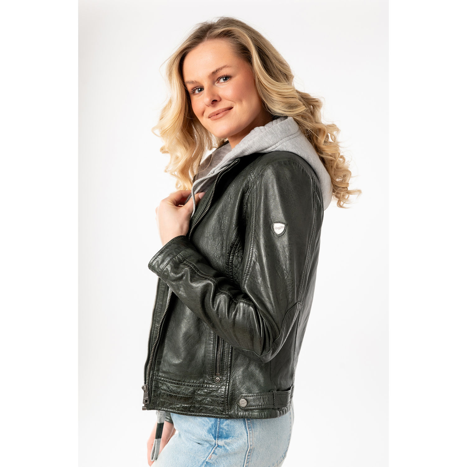 geaca piele dama mauritius olive mwaleni verde inchis gluga gri matlasata umeri