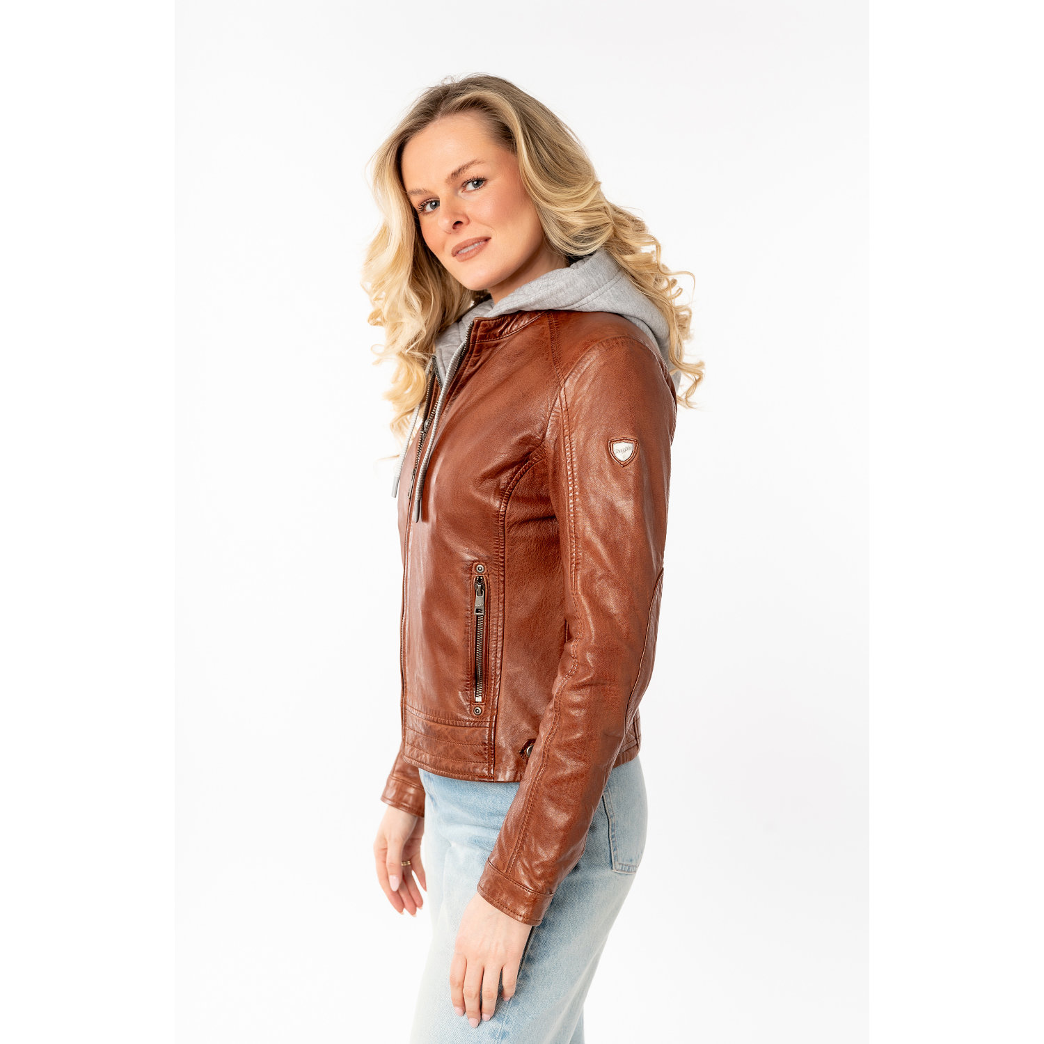 geaca piele dama mauritius whiskey mwaleni gluga gri guler stand-up