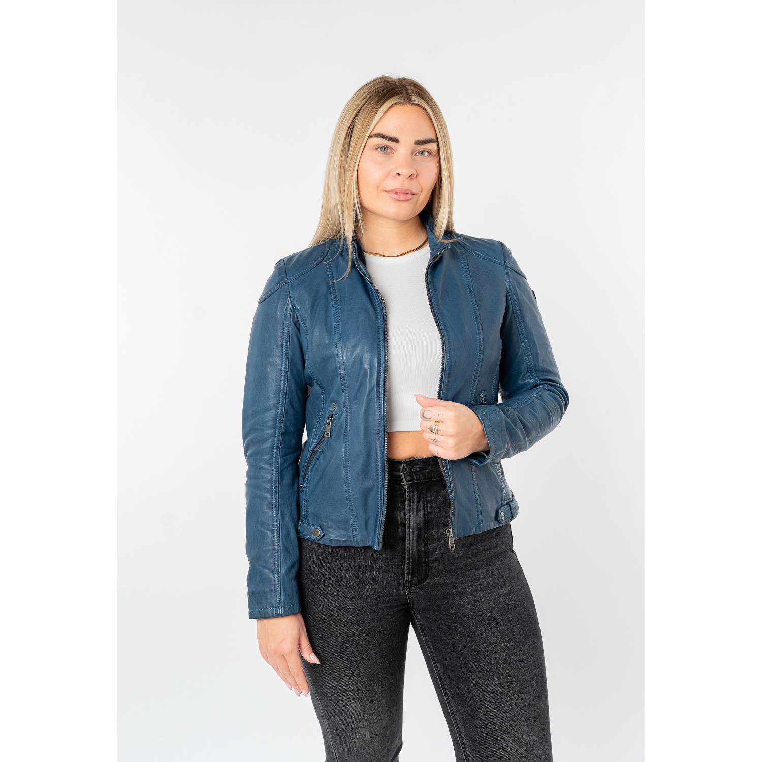 Geaca de Piele Dama Mauritius Albastra MWAmmy – Geci de Piele