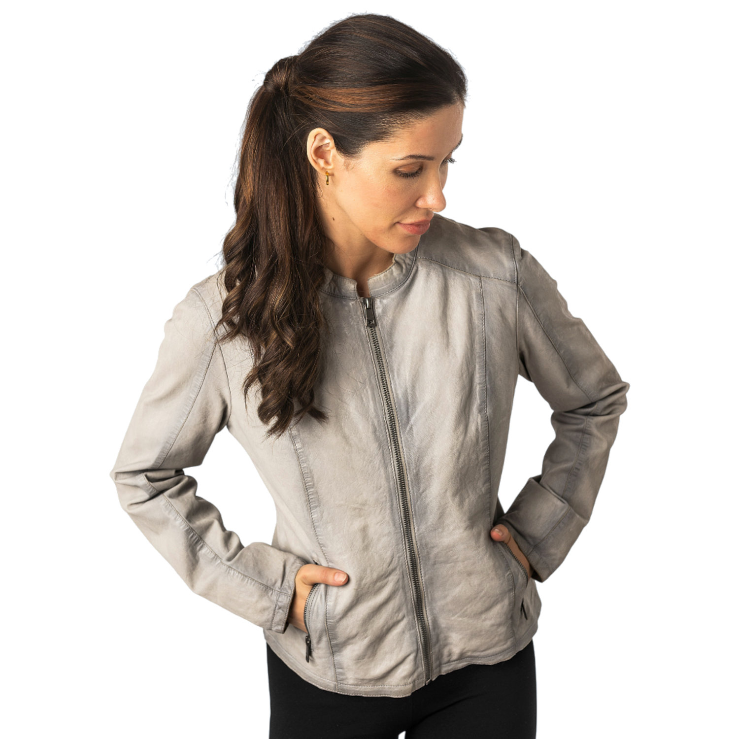 Geaca de Piele Dama Mauritius Gri Argintiu MWAndriana – Geci de Piele