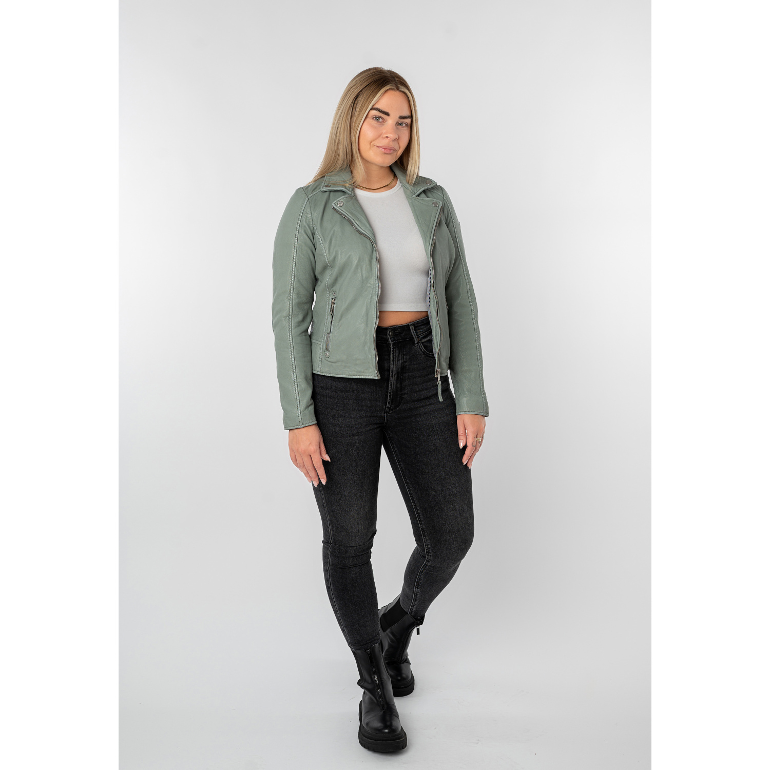 Geaca de Piele Dama Mauritius Verde Prafuit MWBajah – Geci de Piele