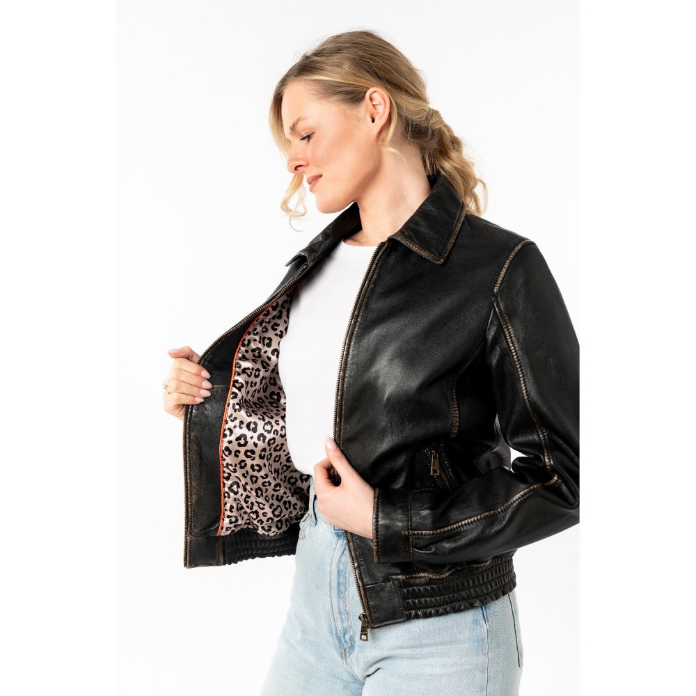 Geaca de Piele Dama Mauritius Negru/Bej MWBjanka - readytowear