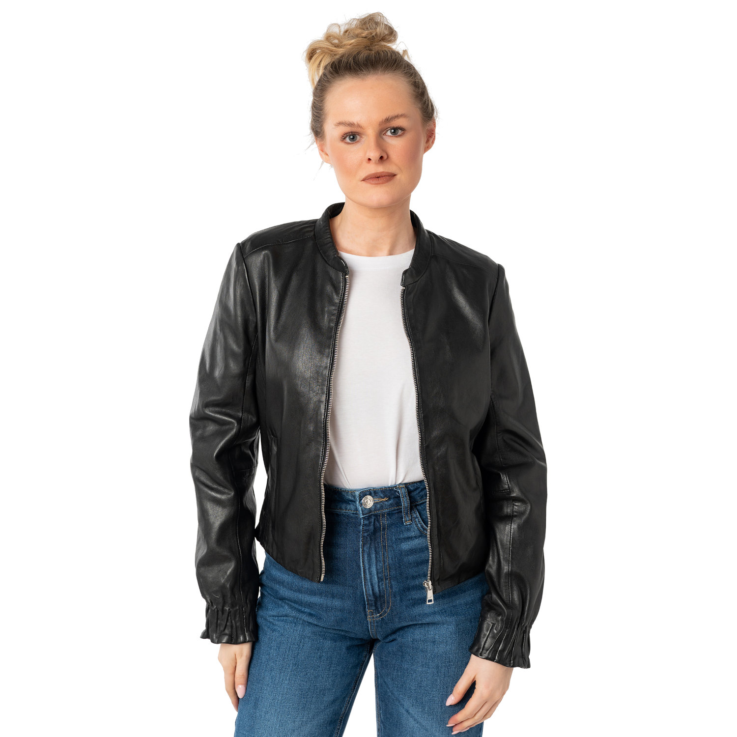 geaca piele dama mauritius neagra mwcassie stil bomber neted talie elastica