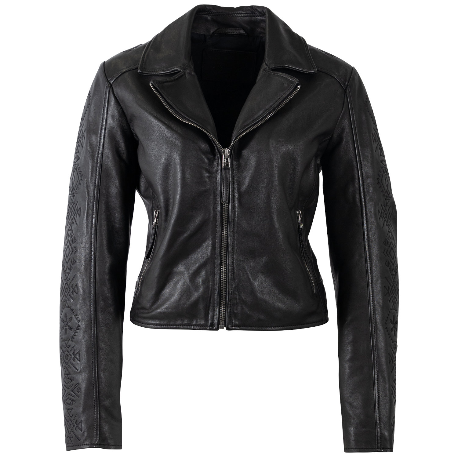 Mauritius MWCoraschon - Geacă de Piele Damă Neagră - Regular Fit, Stil Biker Geacă de piele damă neagră Mauritius MWCoraschon cu broderie ton pe ton și fermoar asimetric