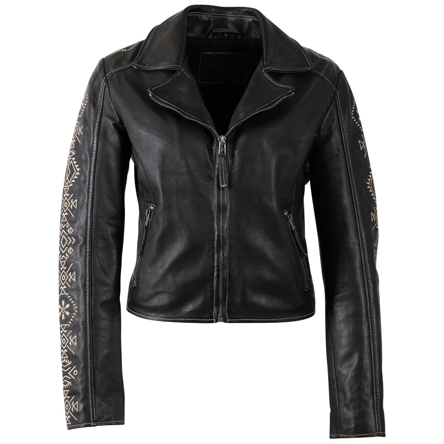 Geacă de piele damă Mauritius MWCoraschon negru bej cu detalii geometrice și stil biker modern