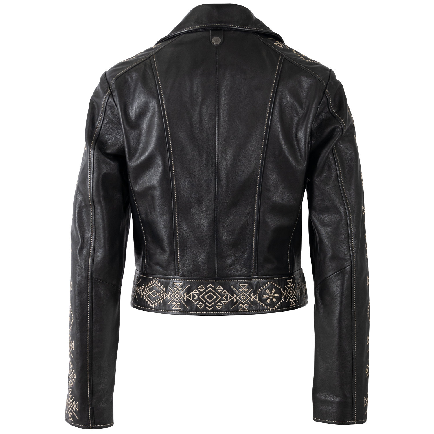Geacă de piele damă Mauritius MWCoraschon negru bej cu detalii geometrice și stil biker modern