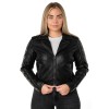 Geacă de piele damă Mauritius MWCoraschon negru bej cu detalii geometrice și stil biker modern